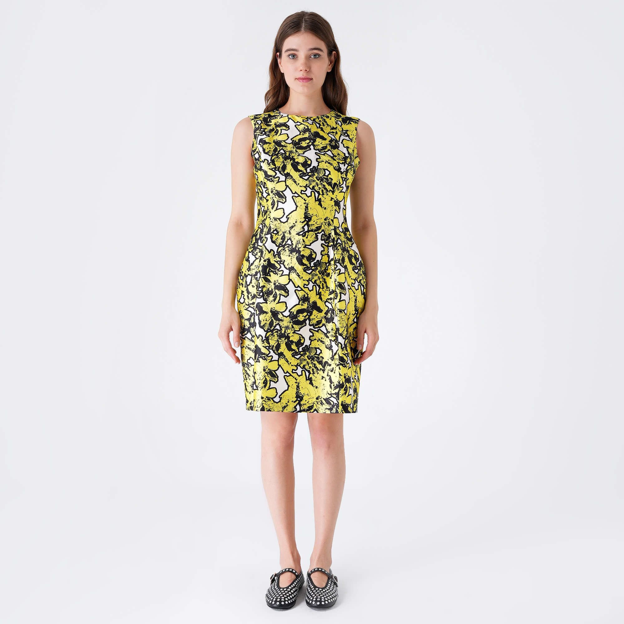 Oscar De La Renta - Neon Yellow&White Floral V Neck Dress